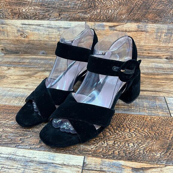 J. Crew Black Velvet Penny Sandals Women's 8.5 Chunky Block Heels Cross Strap - Picture 1 of 9